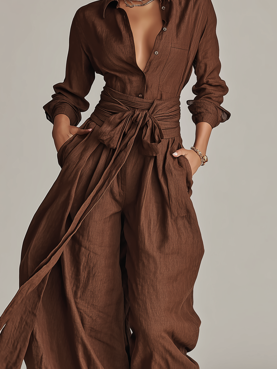 Women's Shirt Collar Cotton-Linen Blend Wide-Leg Jumpsuit | Belted Casual Jumpsuit