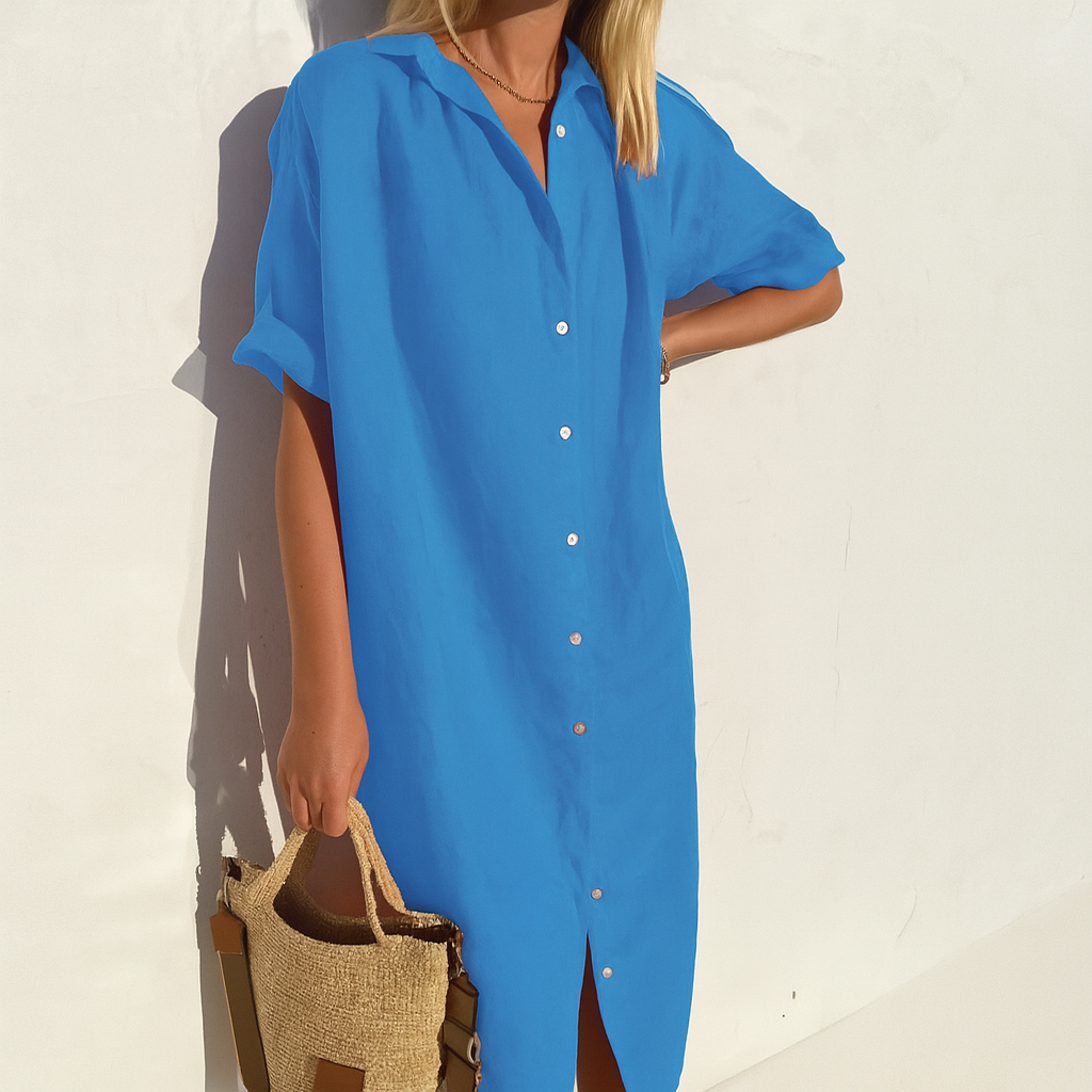 Women's Button-Down Short Sleeve Midi Shirt Dress | Casual Summer Dress