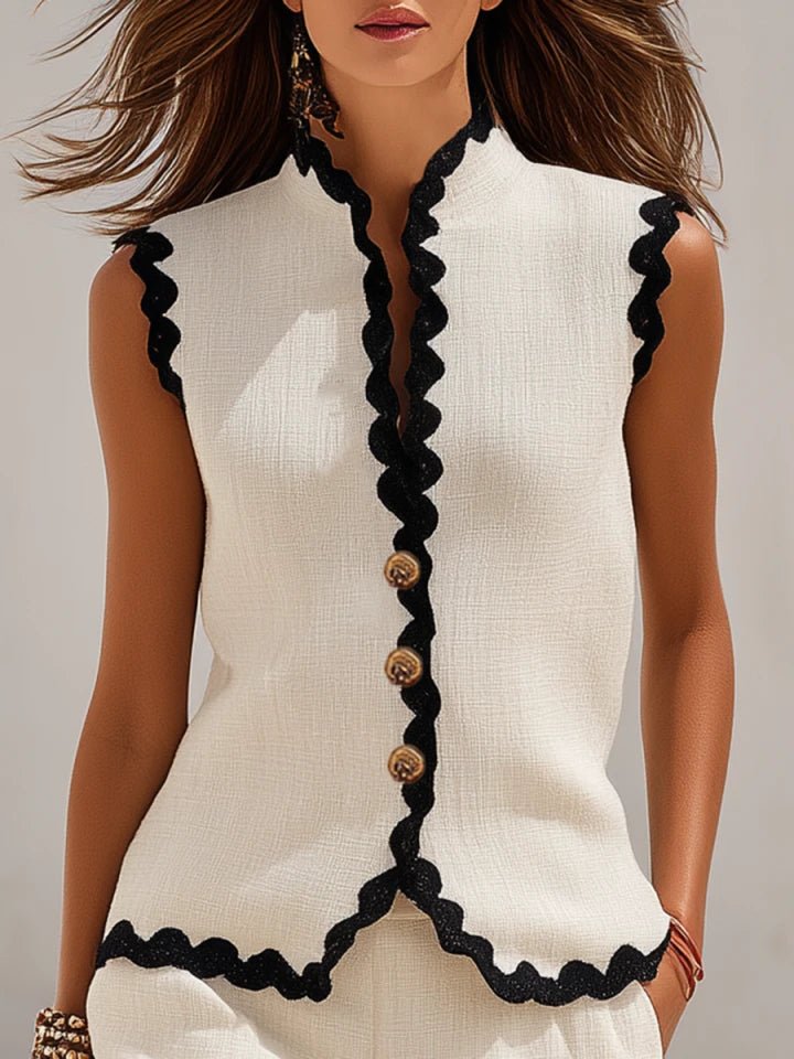 Women's sleeveless cotton-linen two-piece set - pants detail