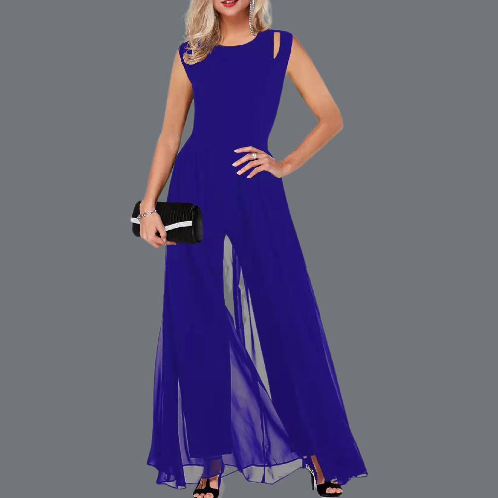 women's sleeveless shoulder accent jumpsuit - worn view