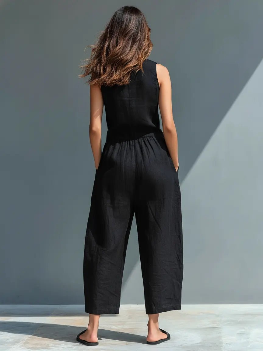 Women's sleeveless stand-collar linen jumpsuit - side view