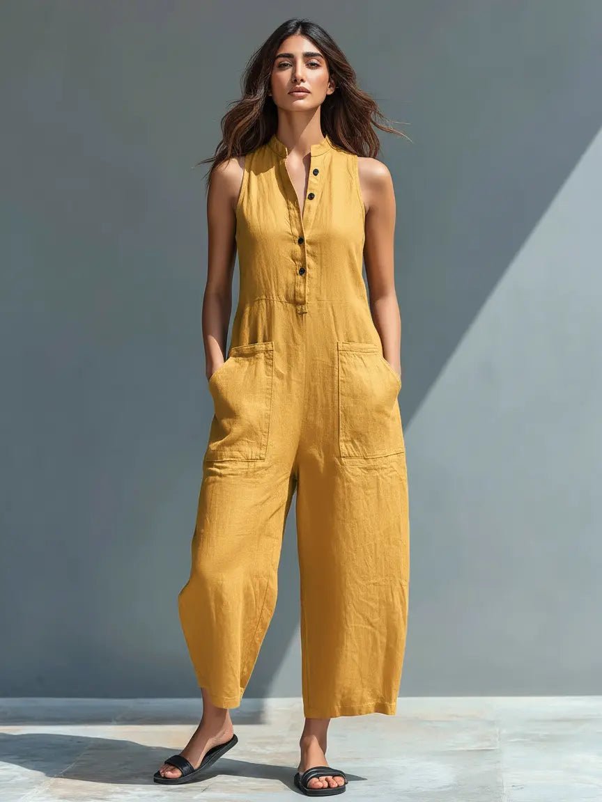 Women's sleeveless stand-collar linen jumpsuit - back view