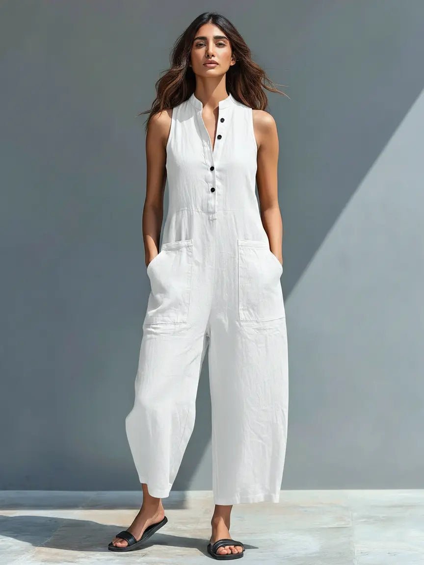 Women's sleeveless stand-collar linen jumpsuit - collar detail
