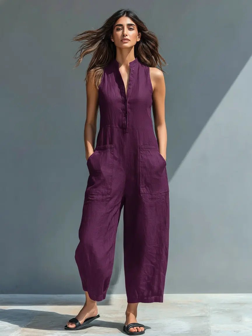 Women's sleeveless stand-collar linen jumpsuit - button detail