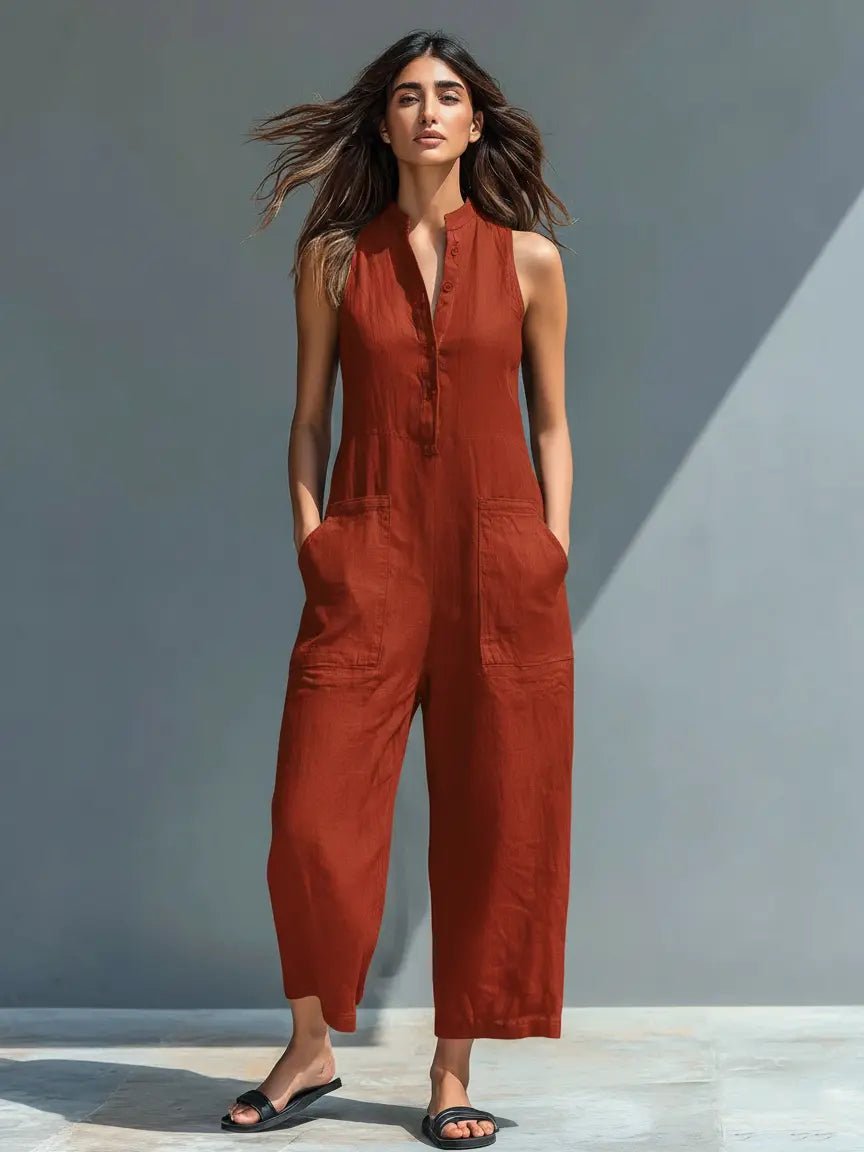 Women's sleeveless stand-collar linen jumpsuit - full view
