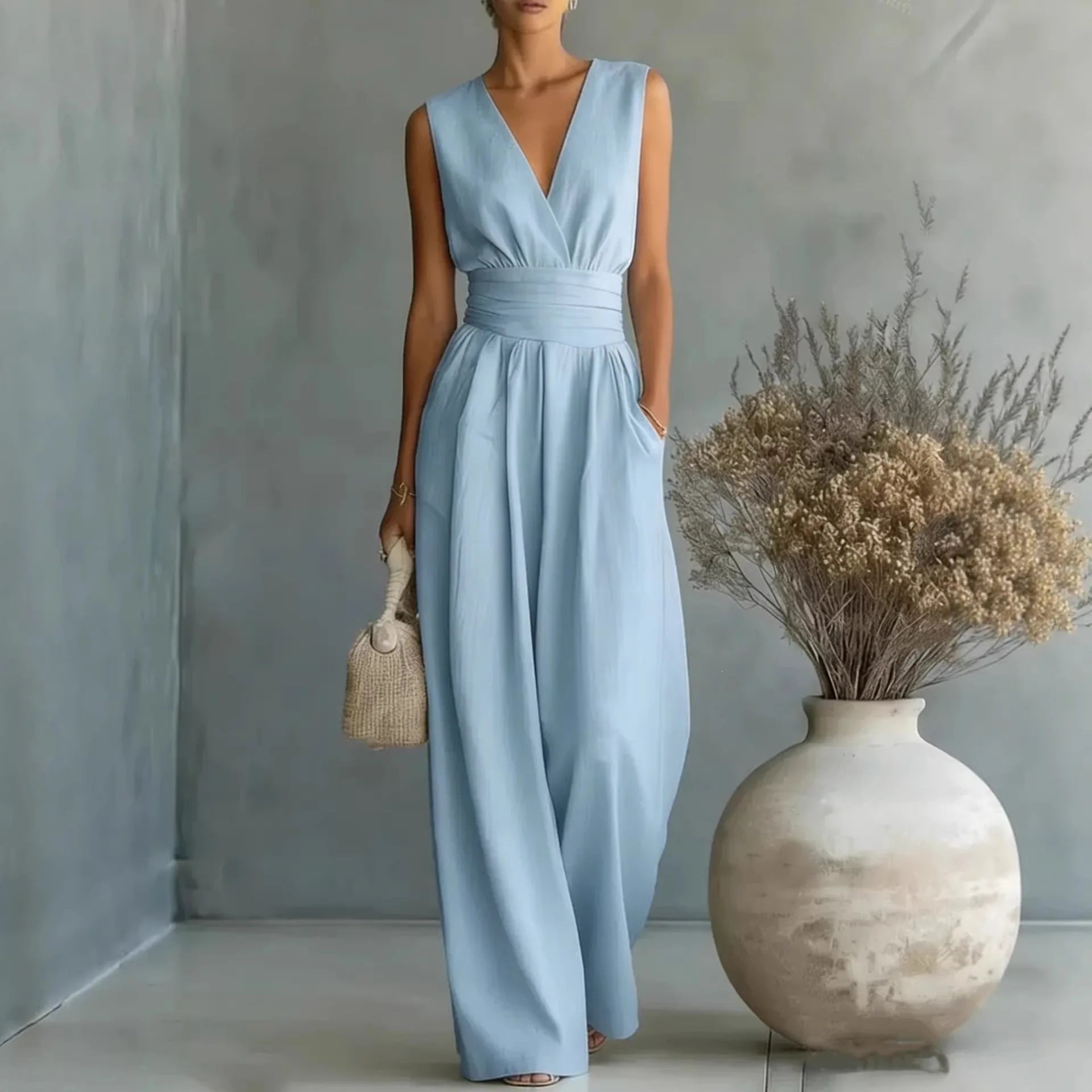 women's sleeveless v-neck jumpsuit - front view