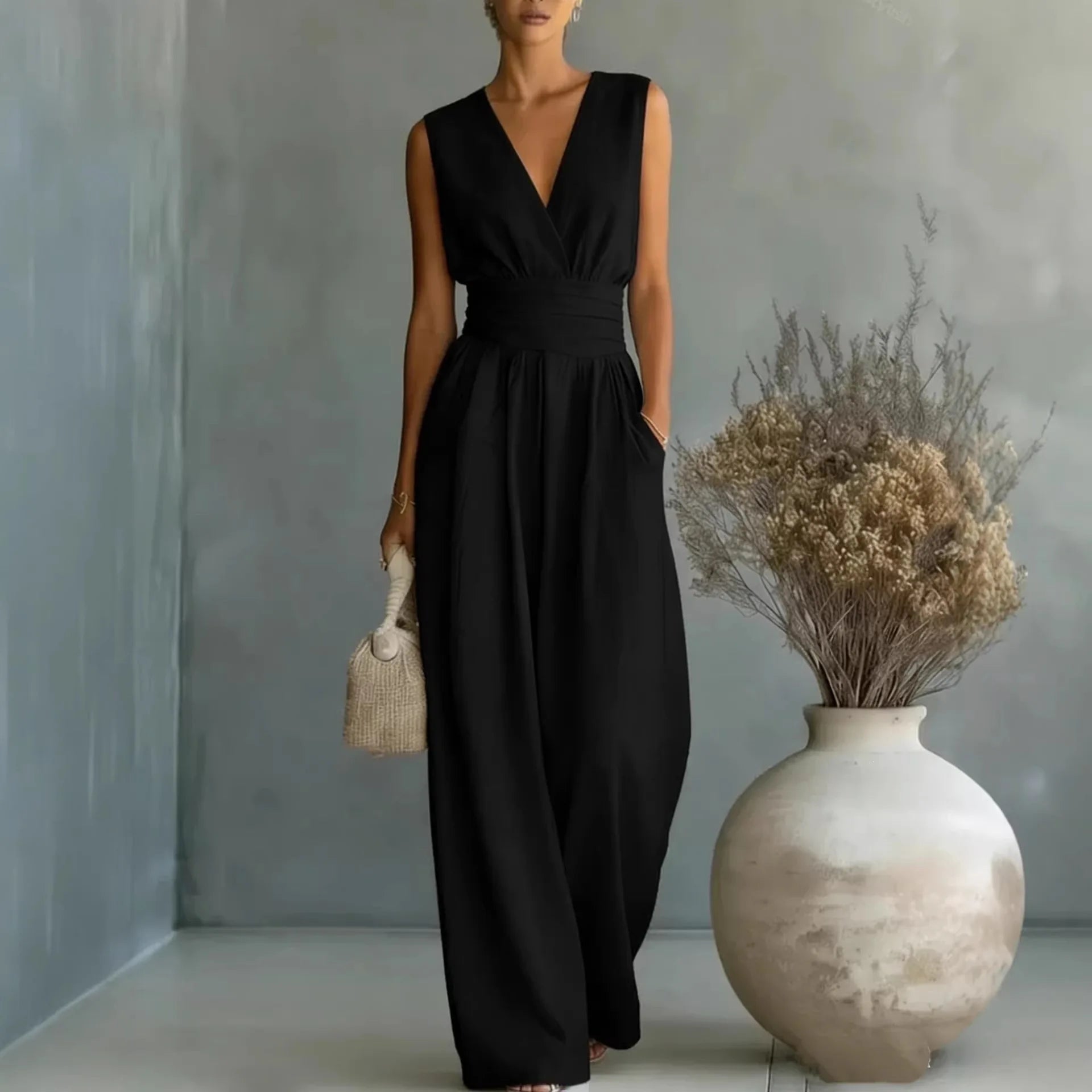 women's sleeveless v-neck jumpsuit - worn view