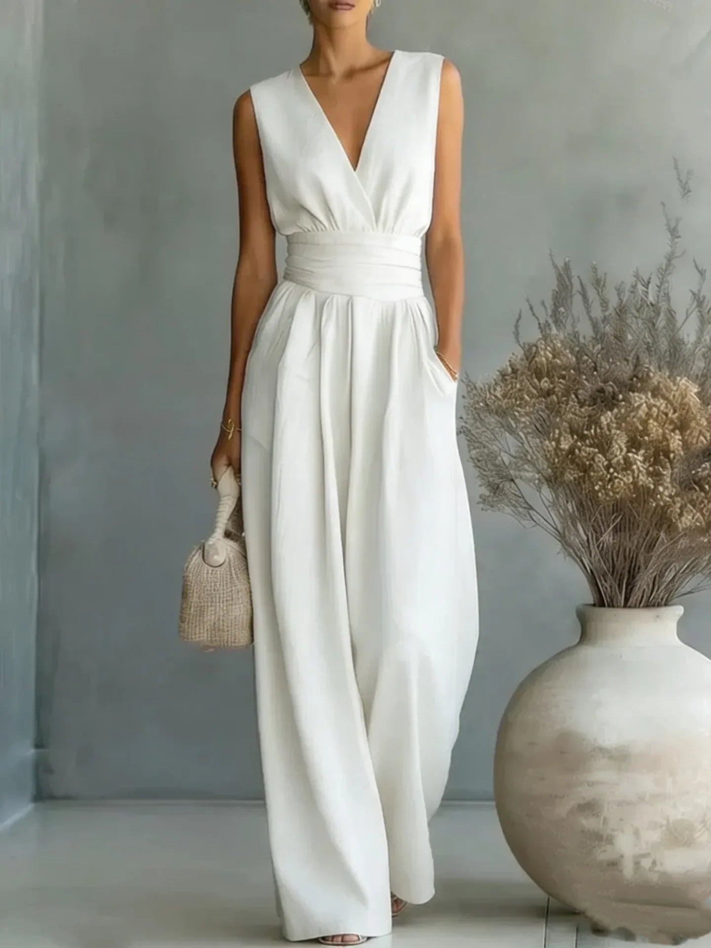 women's sleeveless v-neck jumpsuit - detail view