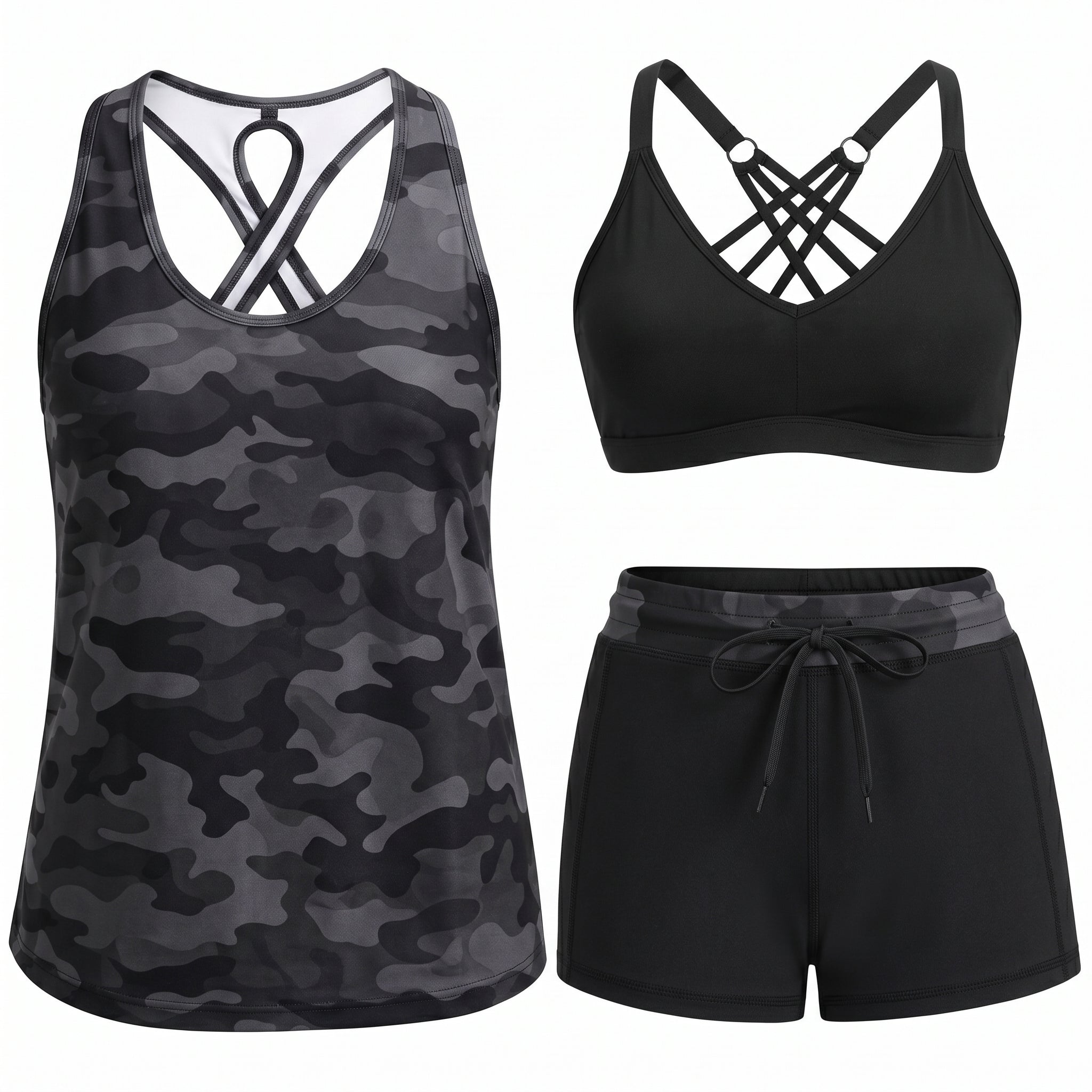Women's Sporty Three-Piece Tankini Set with Pockets - photo 11