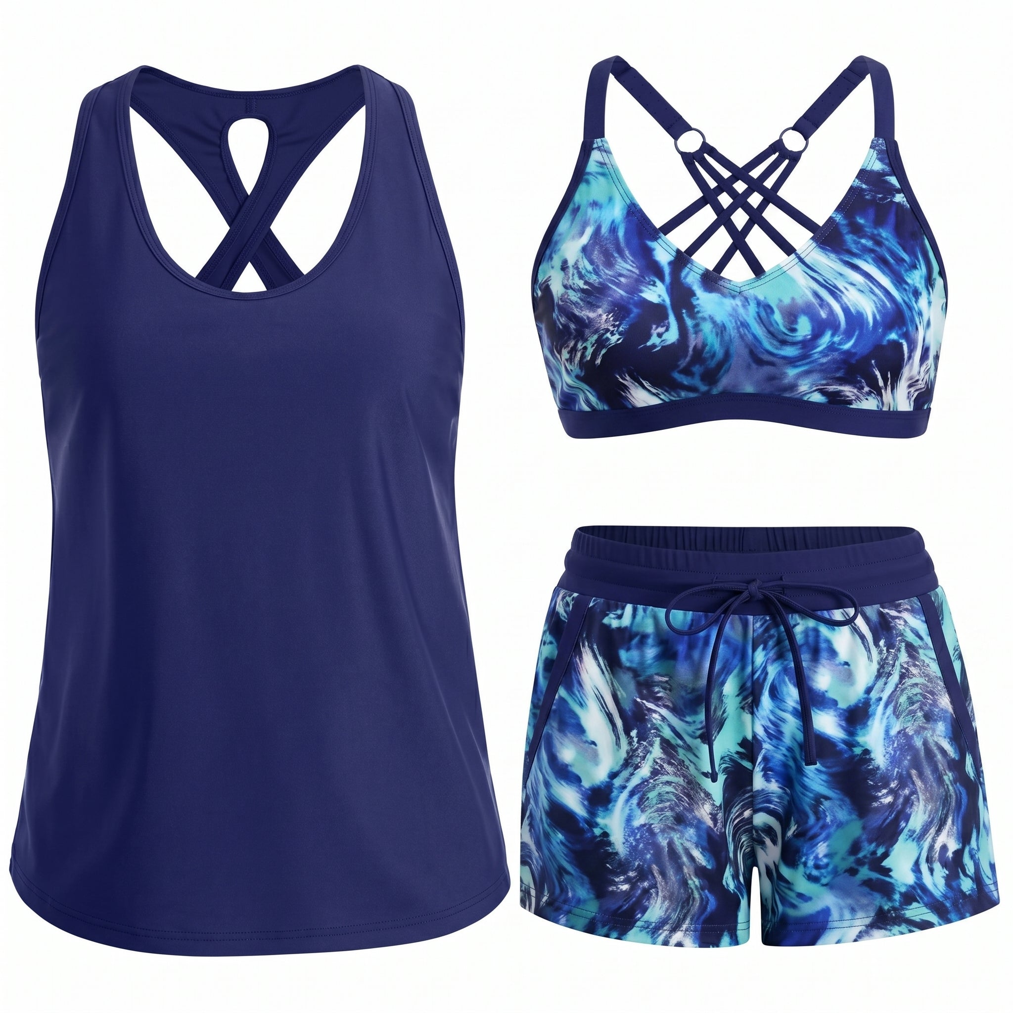 Women's Sporty Three-Piece Tankini Set with Pockets - photo 13