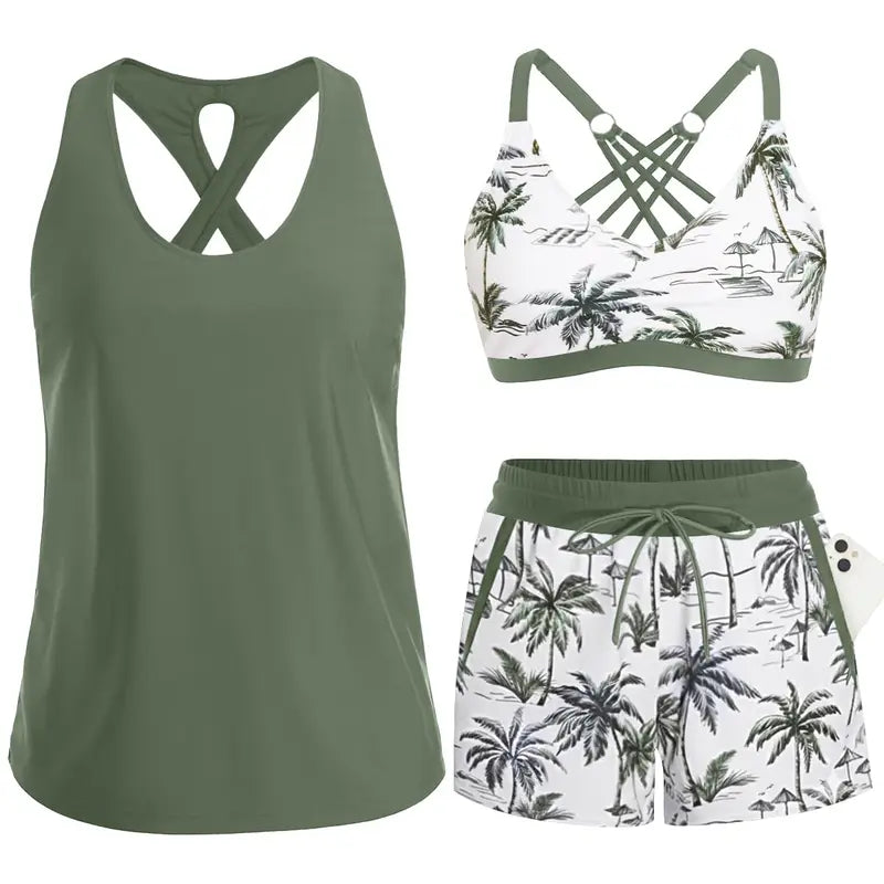 Women's Sporty Three-Piece Tankini Set with Pockets - photo 2