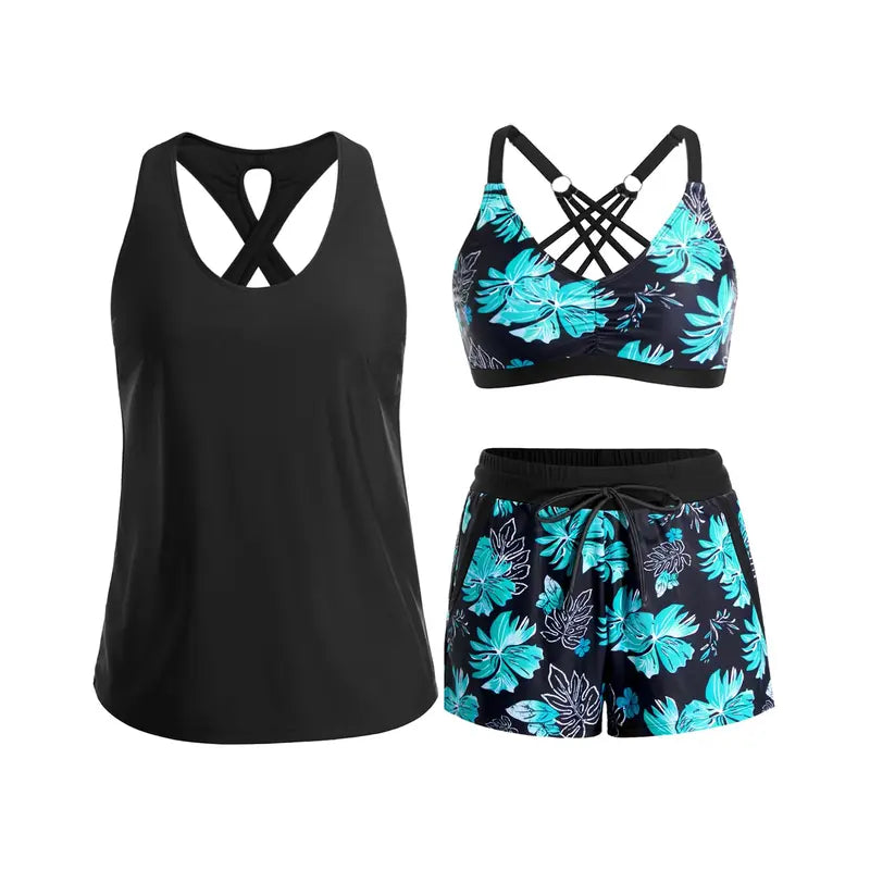 Women's Sporty Three-Piece Tankini Set with Pockets - photo 5