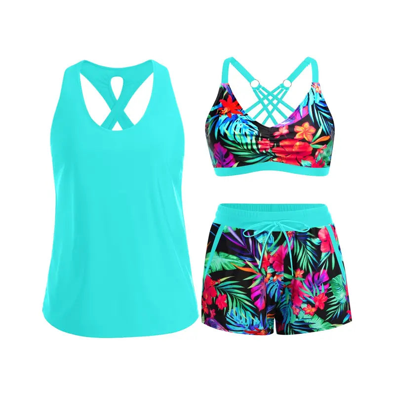 Women's Sporty Three-Piece Tankini Set with Pockets - photo 7