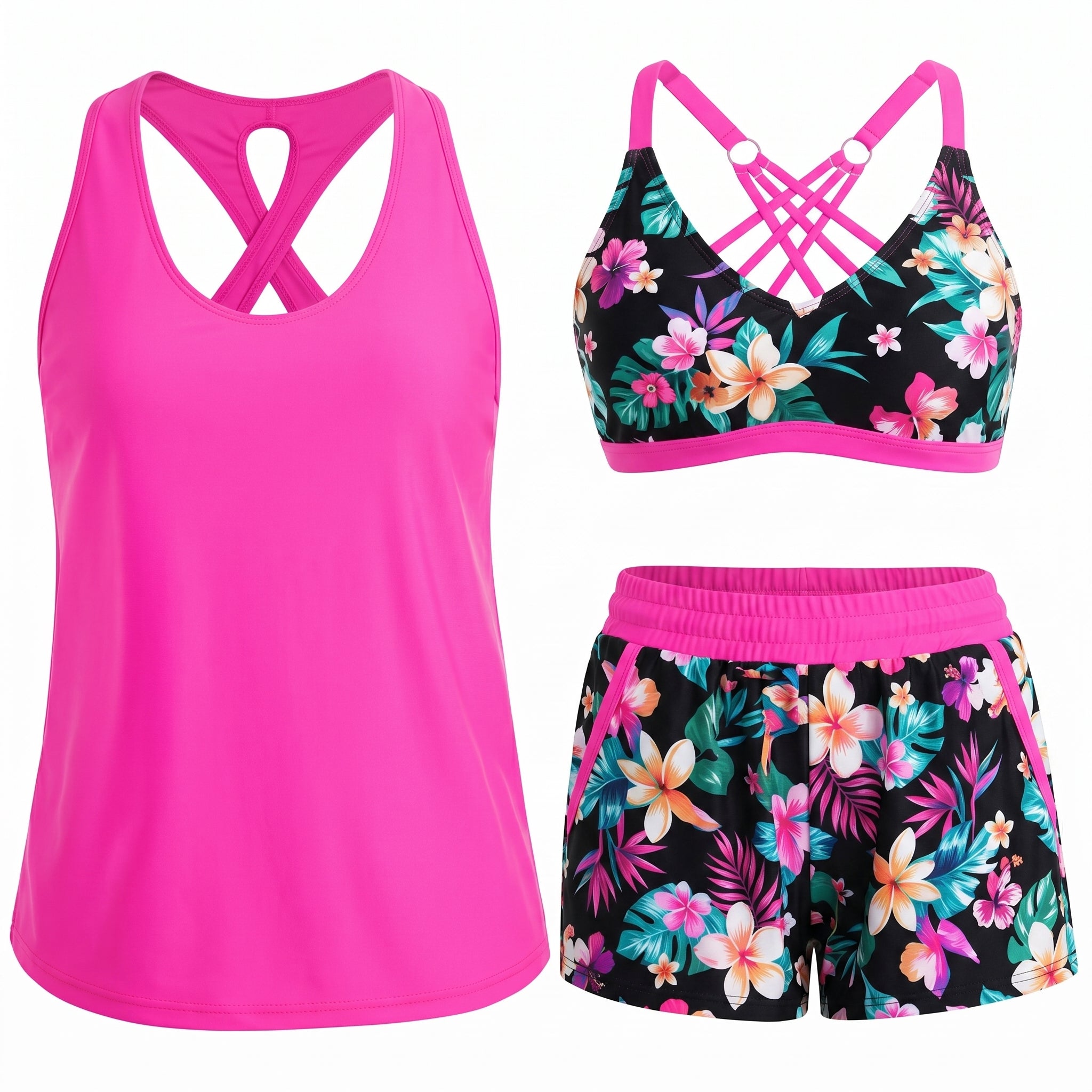 Women's Sporty Three-Piece Tankini Set with Pockets - photo 9