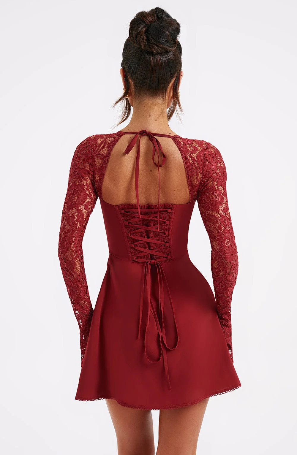 women's strapless lace long sleeve mini dress - full length view