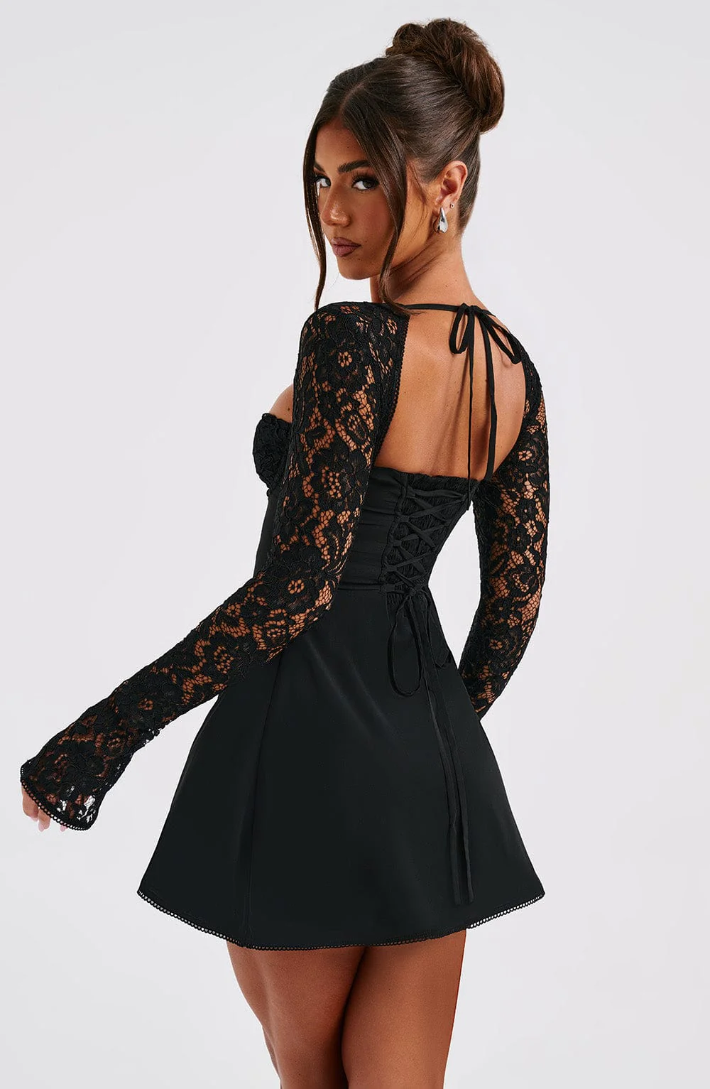 women's strapless lace long sleeve mini dress - bow detail