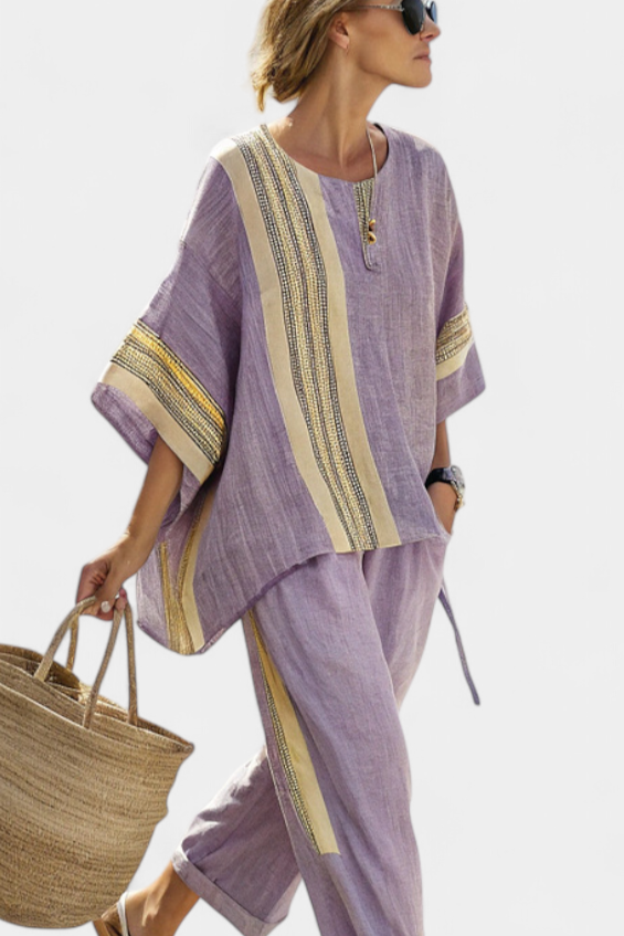 Women's Striped Oversized Linen Co-Ord Set | Wide-Leg Pants Two-Piece