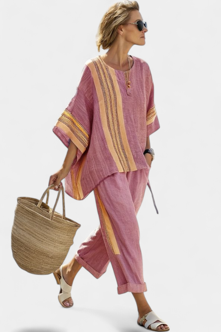 Women's Striped Oversized Linen Co-Ord Set | Wide-Leg Pants Two-Piece