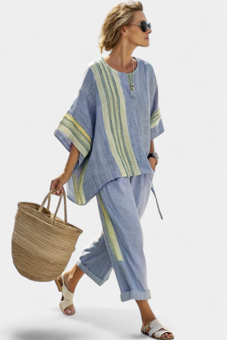 Women's Striped Oversized Linen Co-Ord Set | Wide-Leg Pants Two-Piece