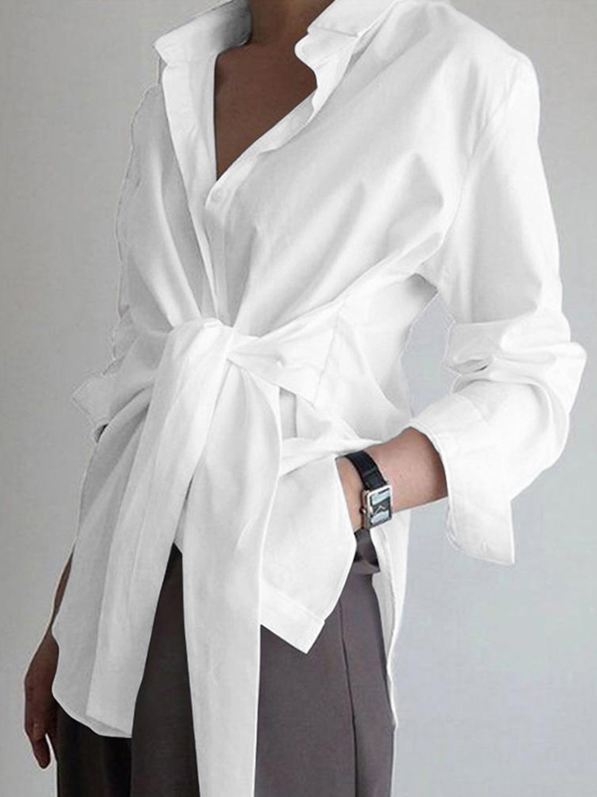 Women's tie waist button-down long sleeve blouse - front view