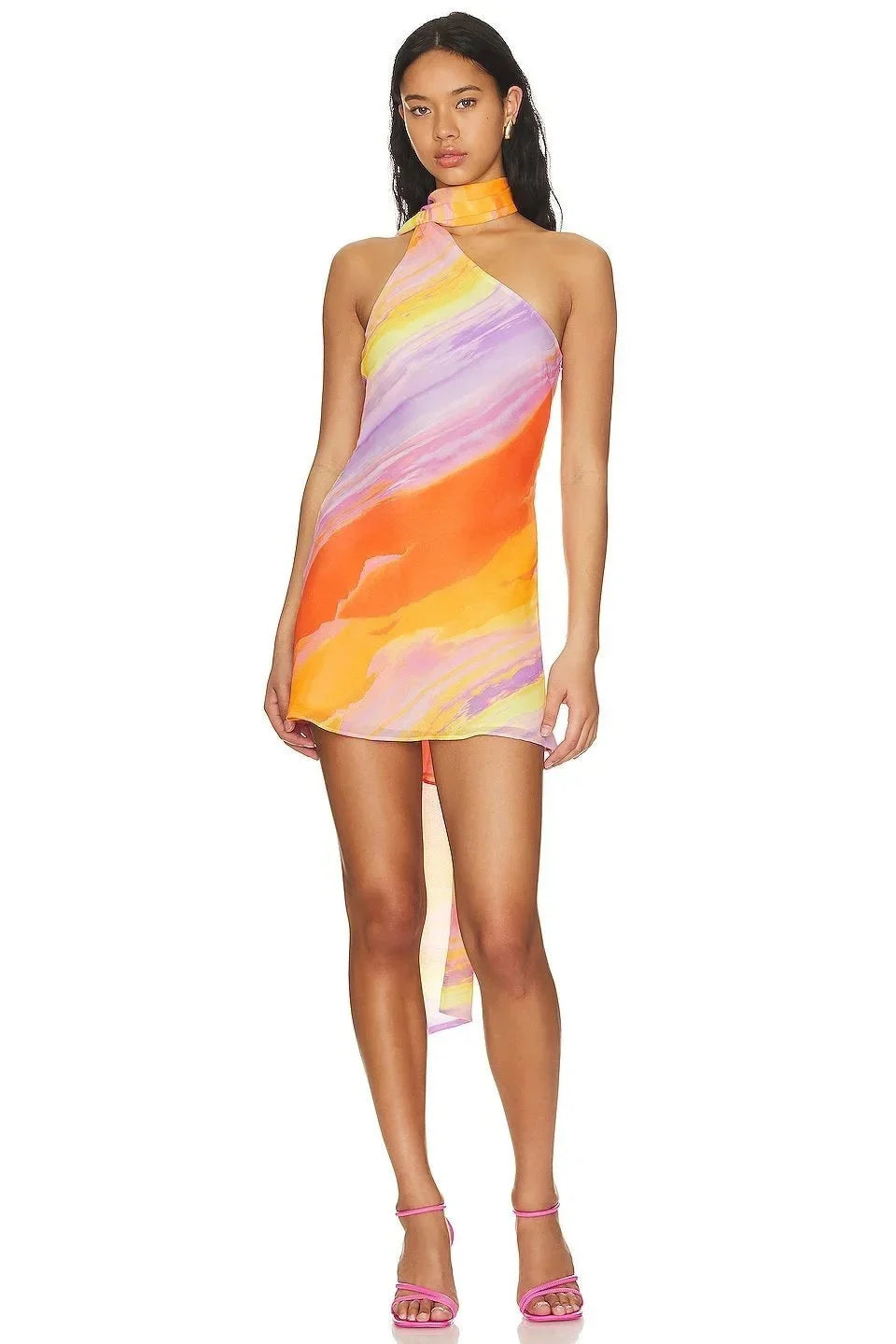 Women's tropical print halter neck mini dress - print detail