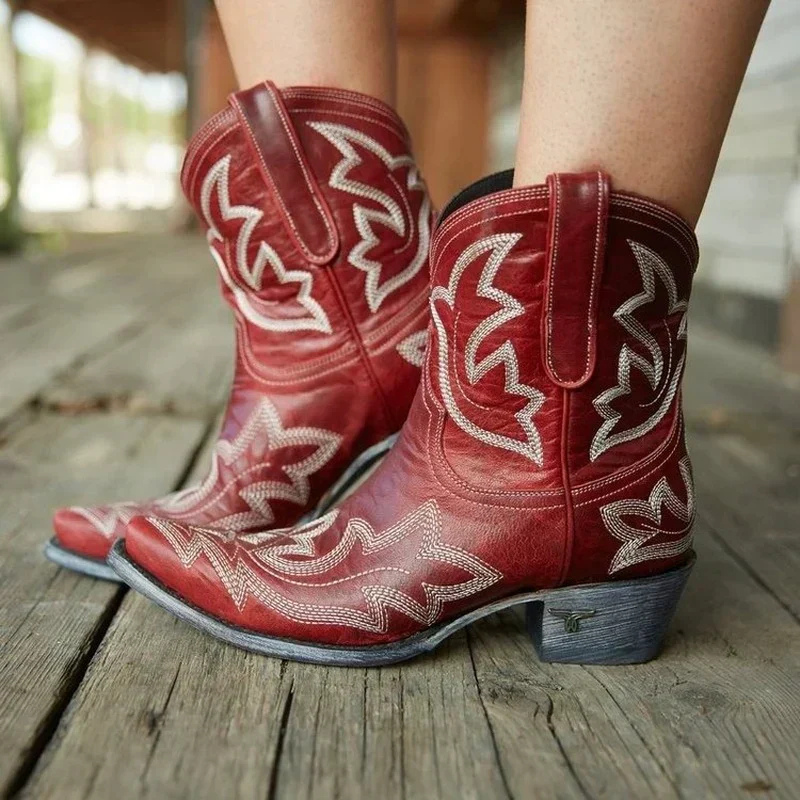Women's Western Embroidered Cowgirl Boots | Snip Toe Block Heel Mid Calf