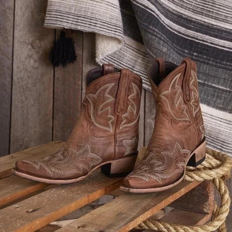 Women's Western Embroidered Cowgirl Boots | Snip Toe Block Heel Mid Calf