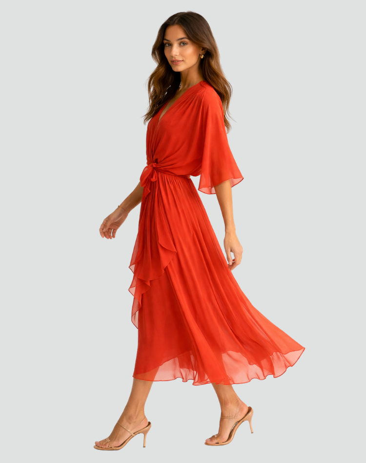 Women's wrap neck tie-waist formal midi dress - evening view