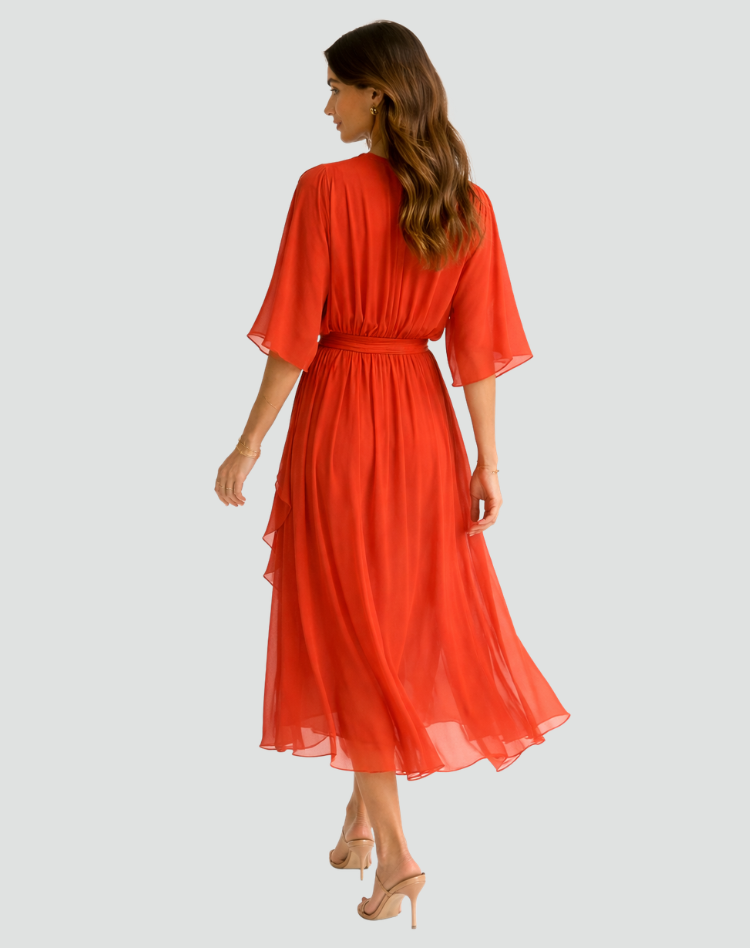 Women's wrap neck tie-waist formal midi dress - fabric detail