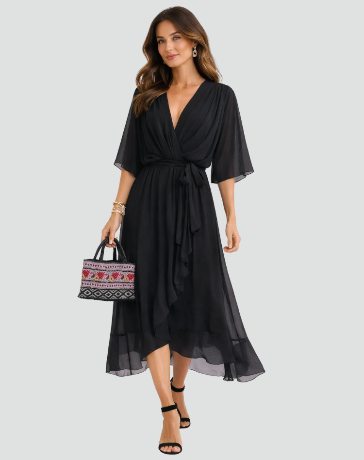Women's wrap neck tie-waist formal midi dress - back view