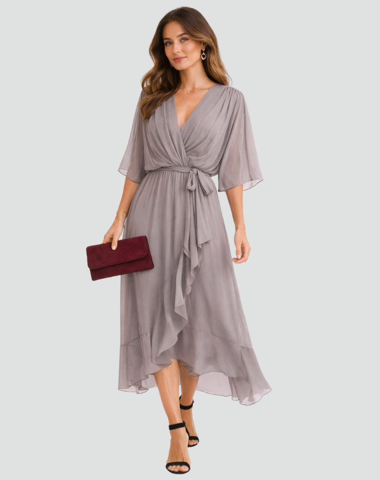 Women's wrap neck tie-waist formal midi dress - neckline detail