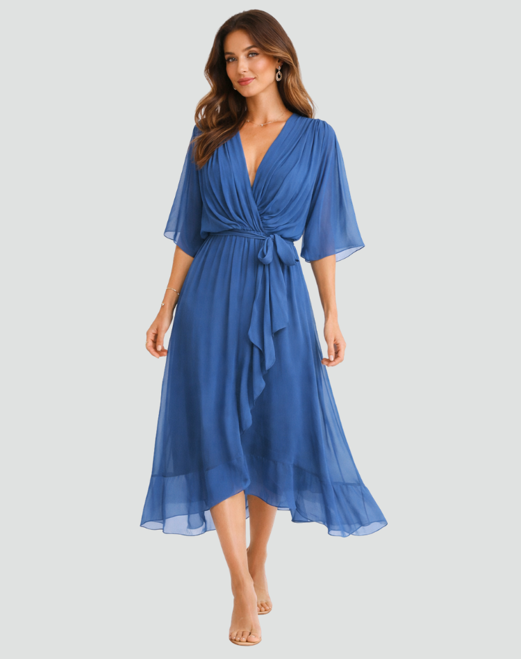 Women's wrap neck tie-waist formal midi dress - full view