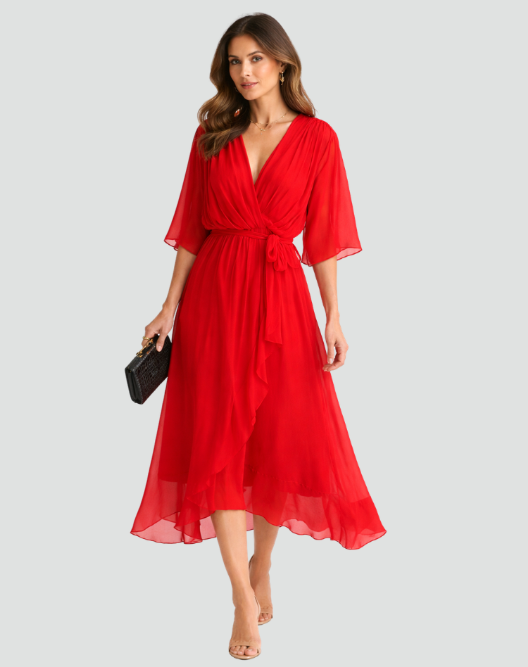 Women's wrap neck tie-waist formal midi dress - alternate view